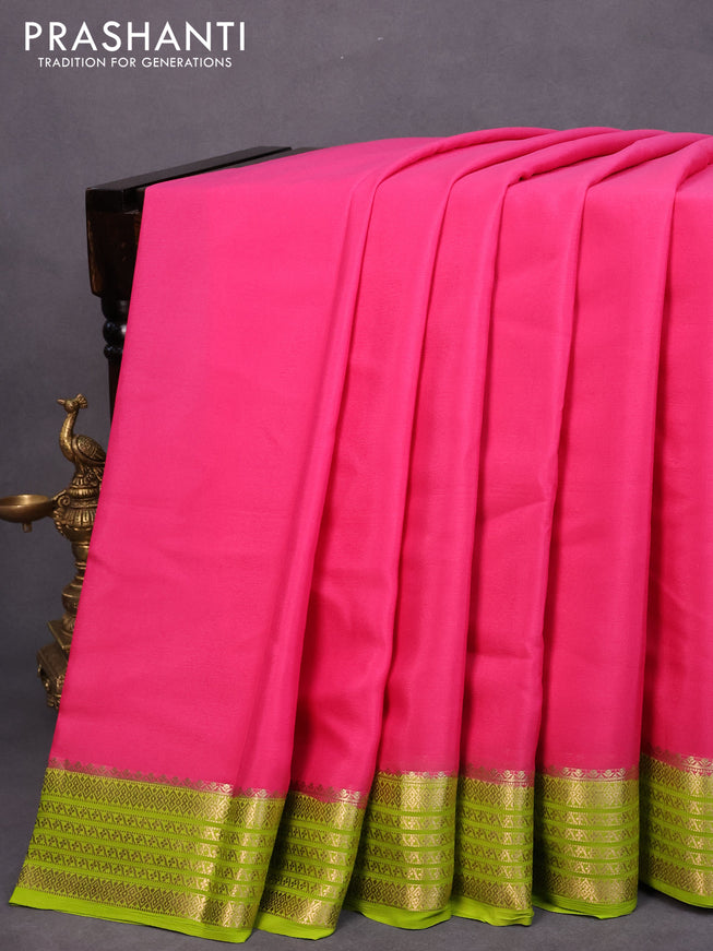Mysore silk saree light pink and lime green with plain body and zari woven border plain body