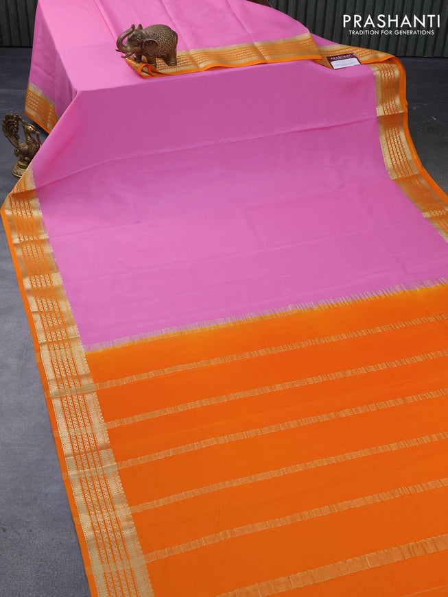 Mysore silk saree light pink and orange with plain body and zari woven border plain body