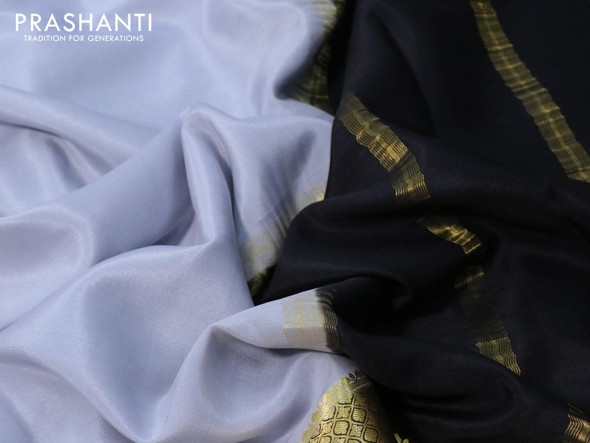 Mysore silk saree grey and black with plain body and zari woven border plain body