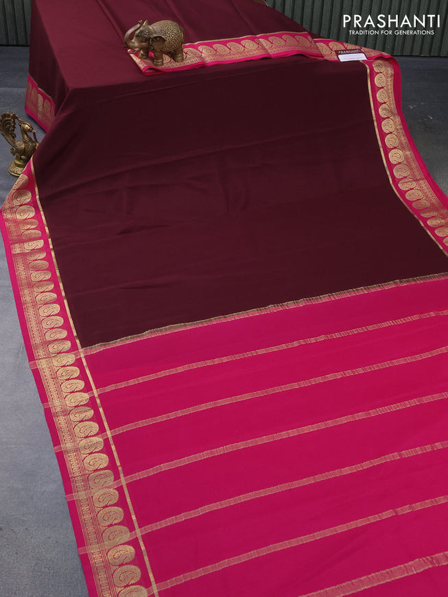 Mysore silk saree brown and pink with plain body and paisley zari woven border plain body