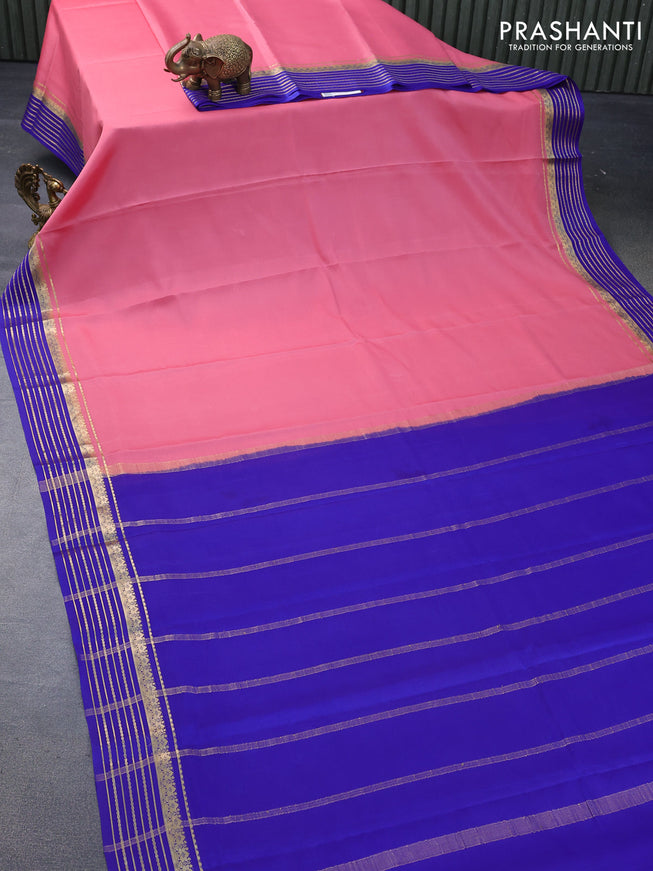 Mysore silk saree pink shade and blue with plain body and zari woven border plain body