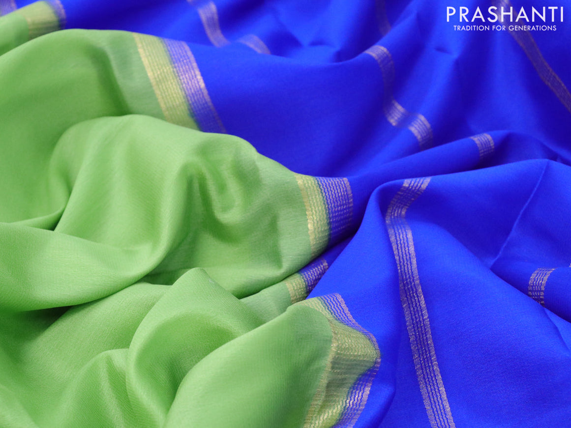 Mysore silk saree light green and blue with plain body and zari woven border plain body