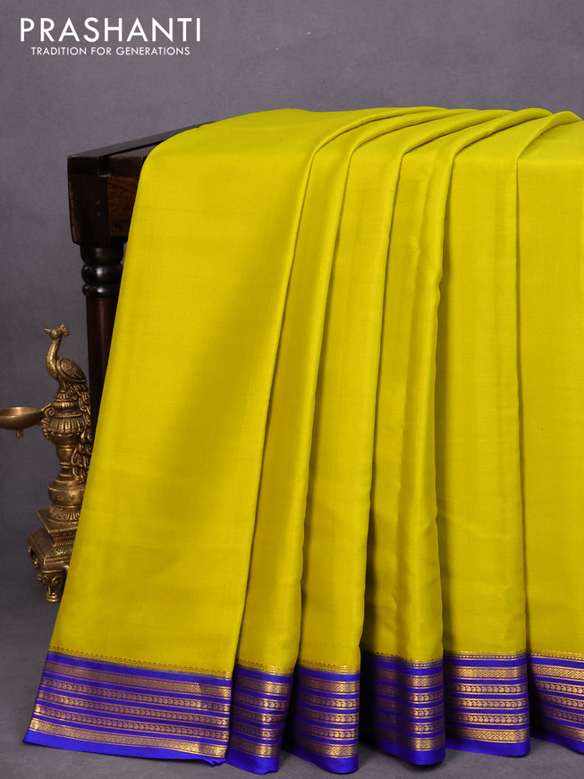 Mysore silk saree lime yellow and blue with plain body and zari woven border plain body
