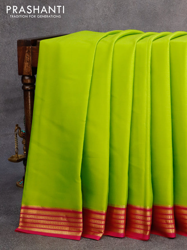 Mysore silk saree fluorescent green and pink with plain body and zari woven border plain body