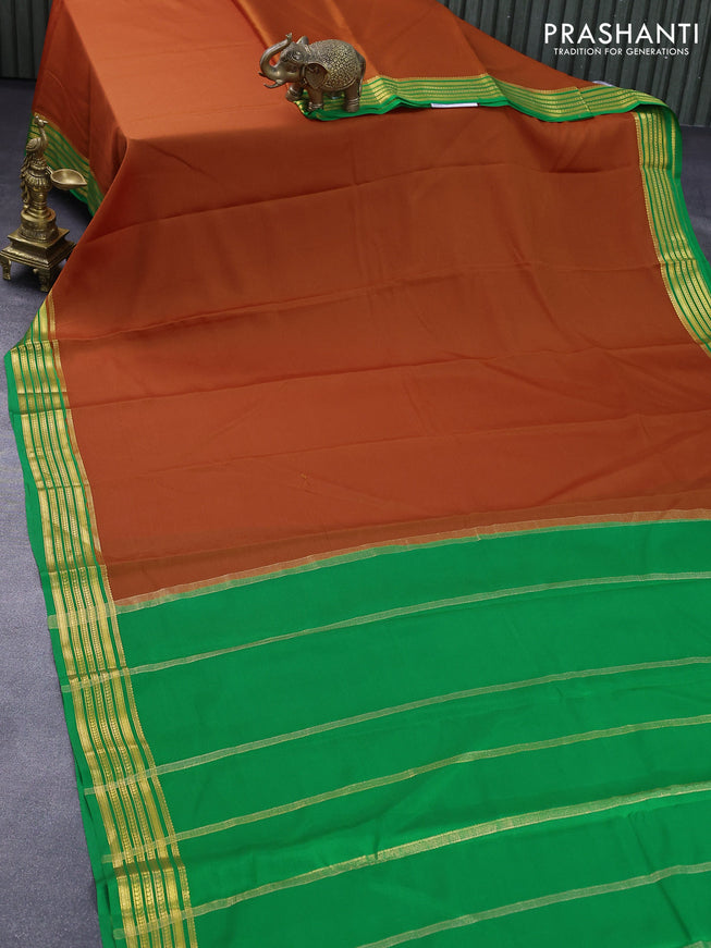 Mysore silk saree orange and green with plain body and zari woven border plain body