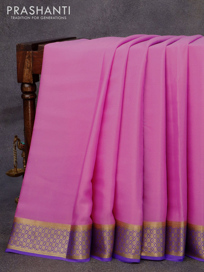 Mysore silk saree lotus pink and lavender with plain body and zari woven border plain body