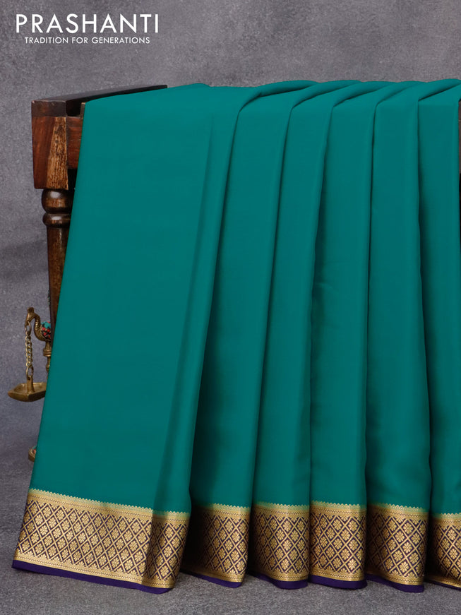 Mysore silk saree teal blue and blue with plain body and zari woven border plain body