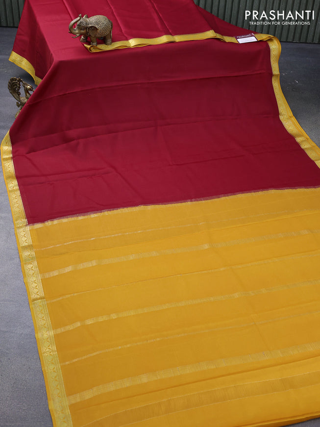 Mysore silk saree maroon and mustard yellow with plain body and zari woven border plain body