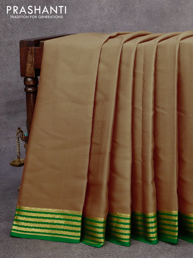 Mysore silk saree dark sandal and green with plain body and zari woven border plain body