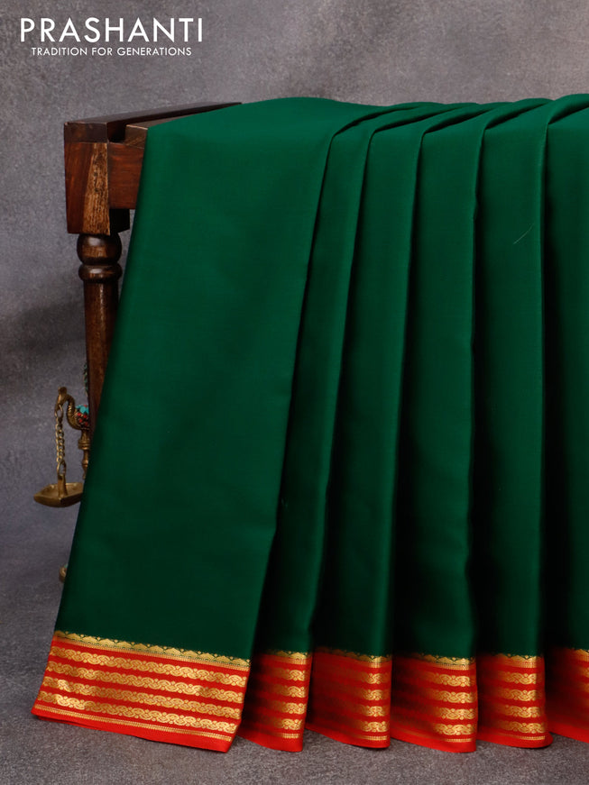 Mysore silk saree green and red with plain body and zari woven border plain body