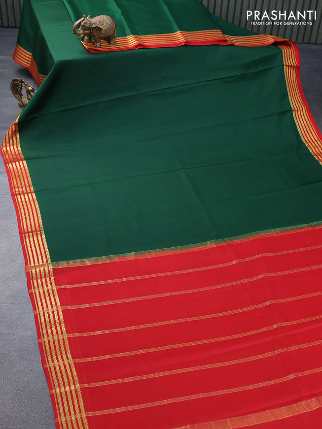 Mysore silk saree green and red with plain body and zari woven border plain body