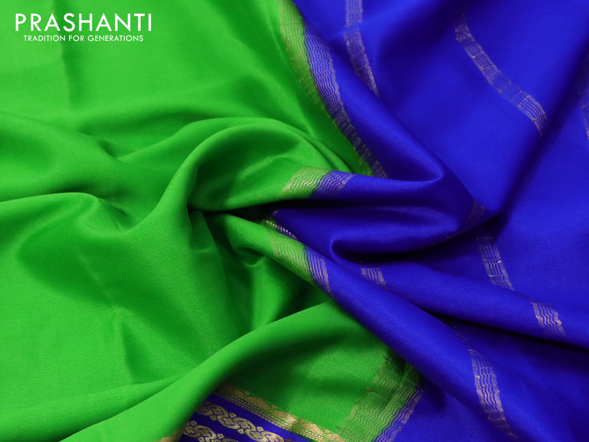 Mysore silk saree fluorescent green and blue with plain body and zari woven border plain body
