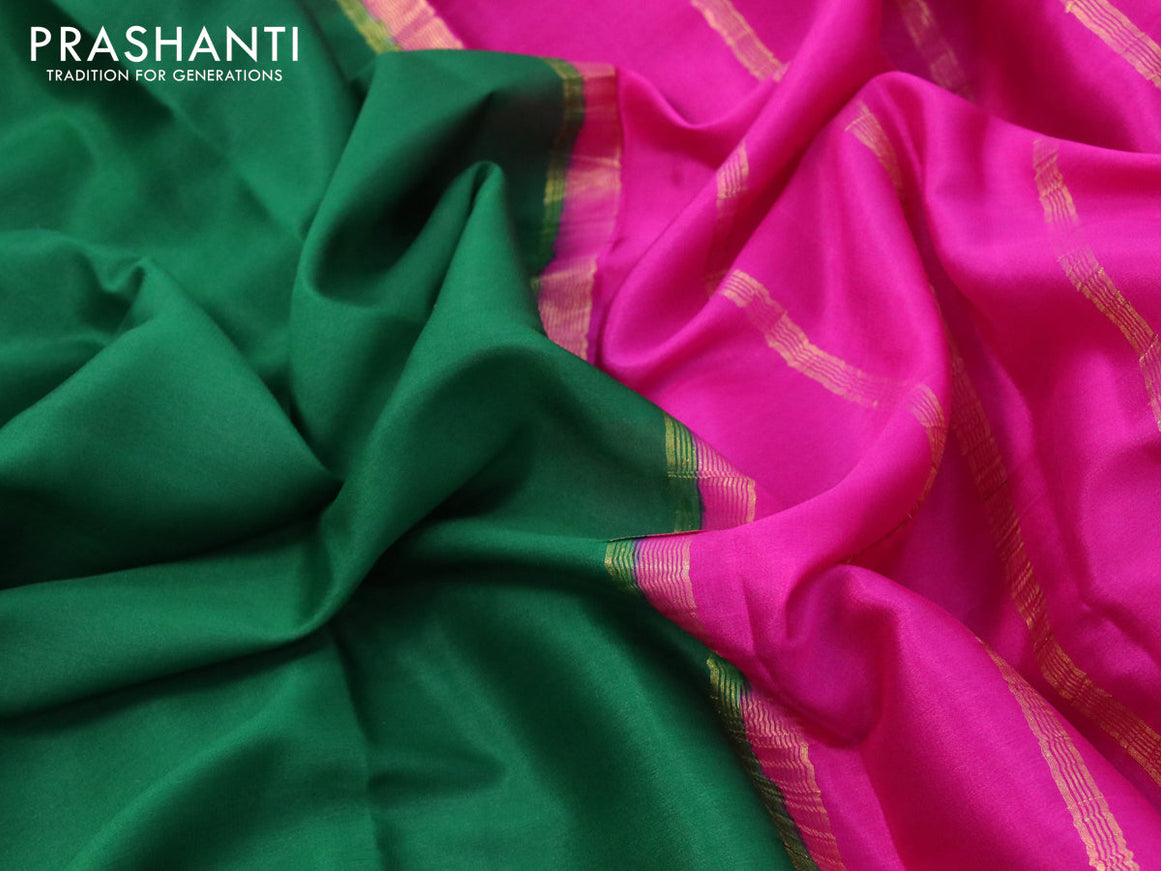 Mysore silk saree green and pink with plain body and zari woven border plain body