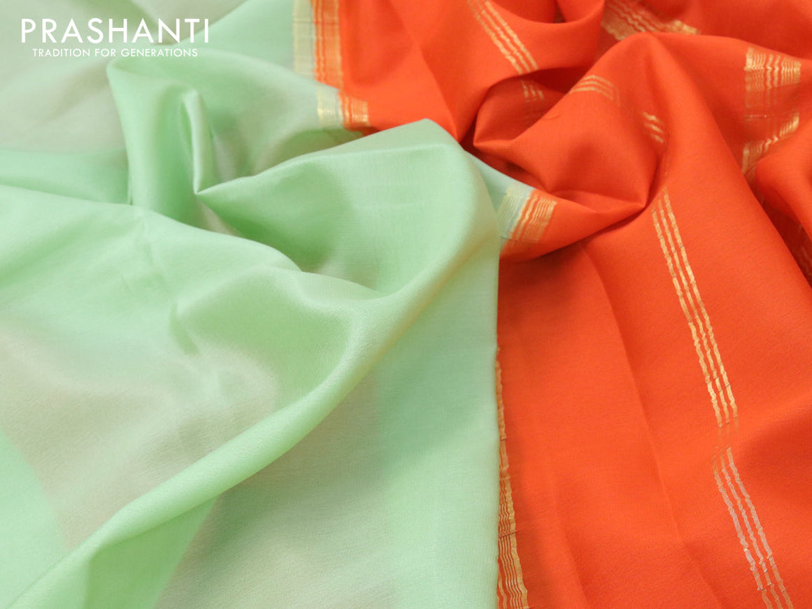 Mysore silk saree pastel green and orange with plain body and zari woven border plain body