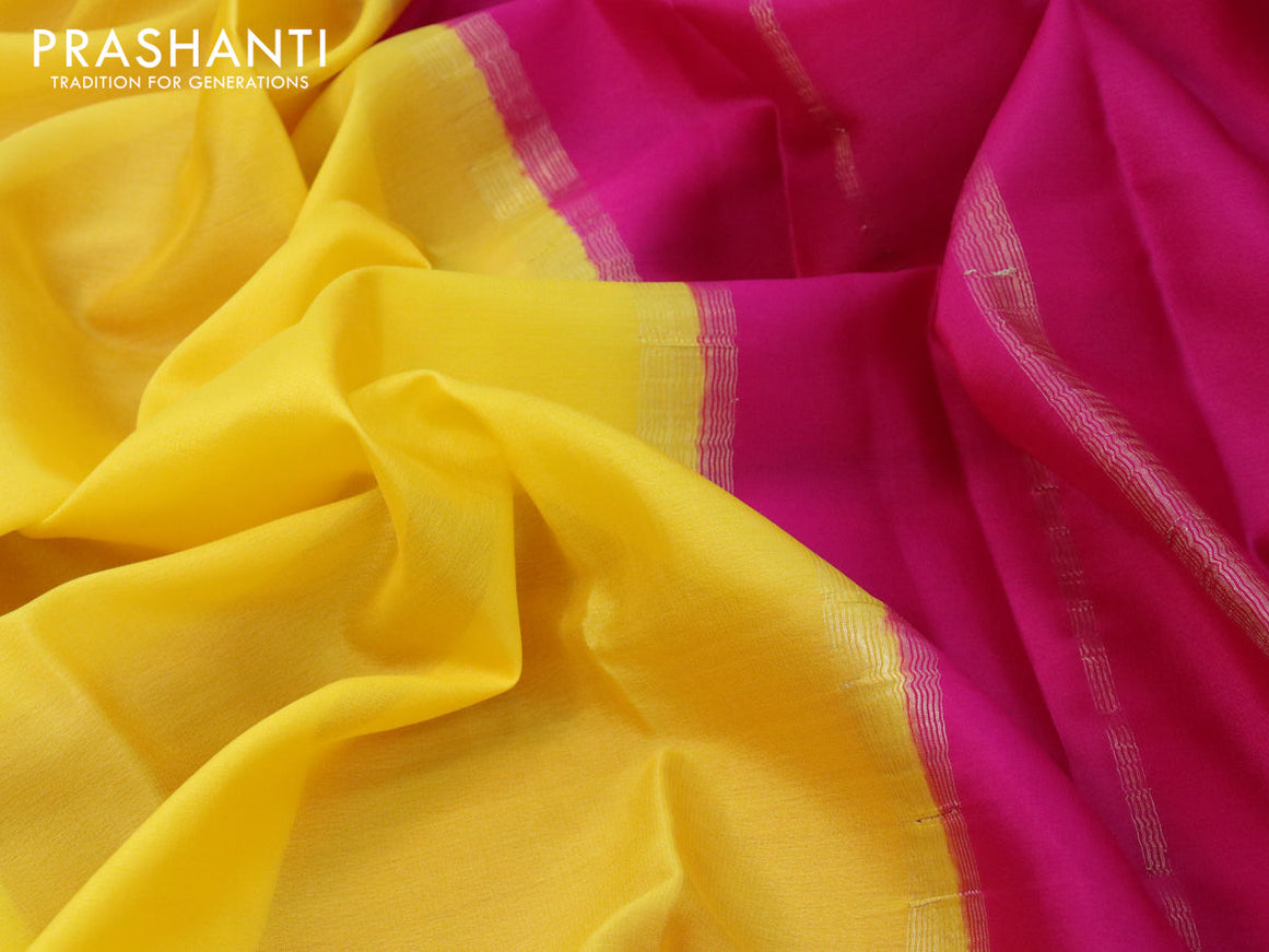 Mysore silk saree yellow and pink with plain body and zari woven border plain body