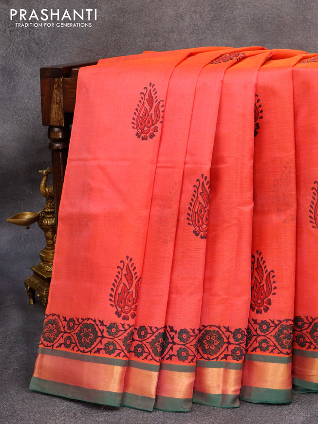 Silk cotton block printed saree dual shade of pink and green with butta prints and zari woven border