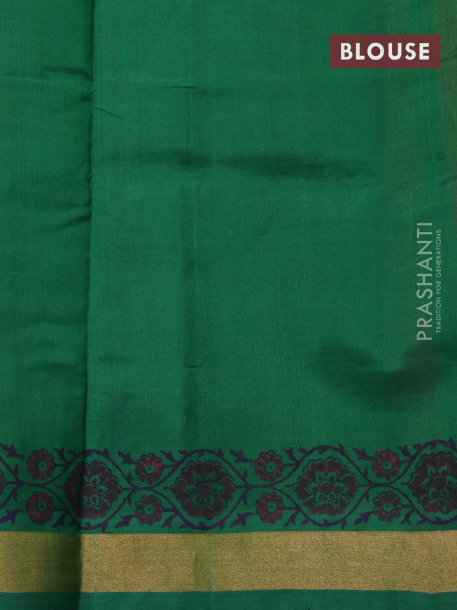 Silk cotton block printed saree dual shade of pink and green with butta prints and zari woven border