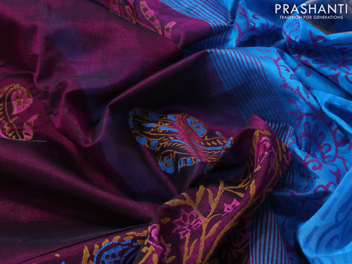 Silk cotton block printed saree purple and cs blue with allover prints and zari woven border