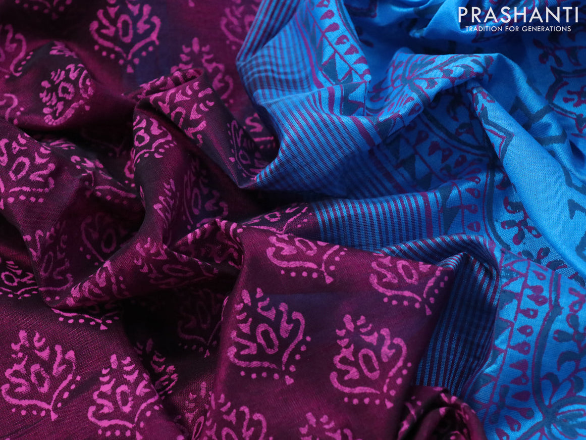 Silk cotton block printed saree wine shade and cs blue with butta prints and zari woven border