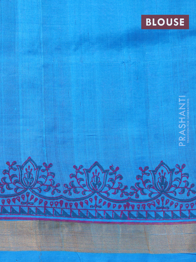 Silk cotton block printed saree wine shade and cs blue with butta prints and zari woven border
