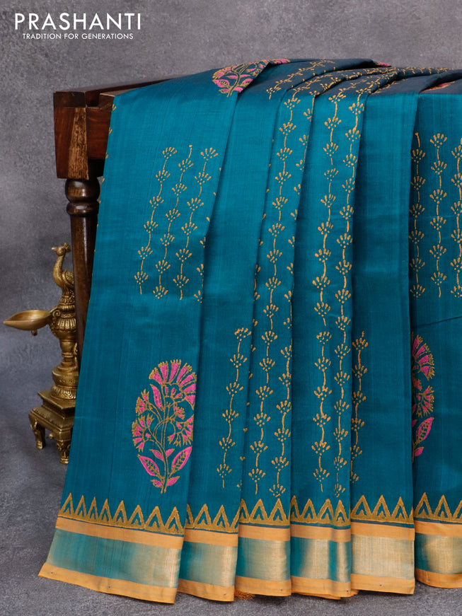 Silk cotton block printed saree peacock green and mustard yellow with allover prints and zari woven border