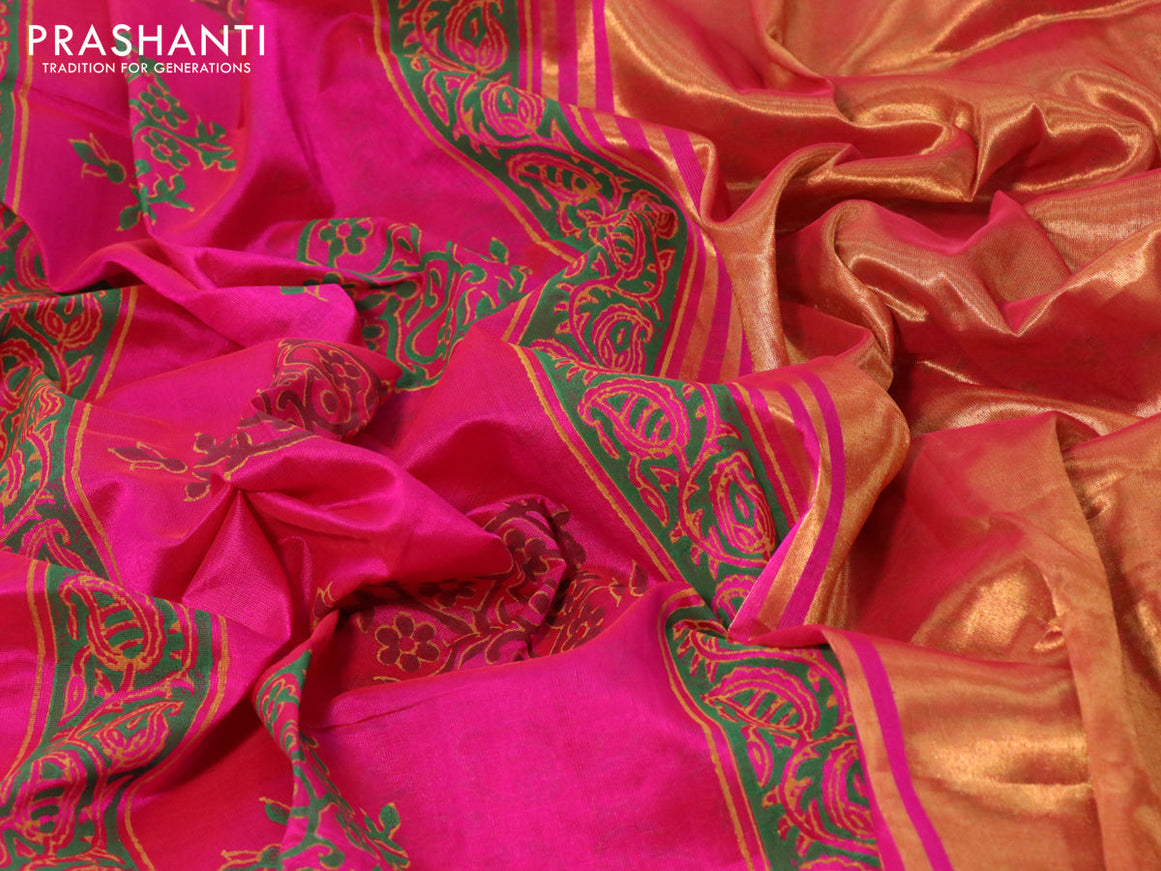 Silk cotton block printed saree pink with butta prints and zari woven border