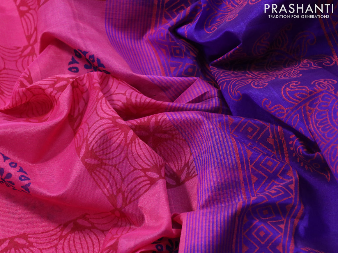 Silk cotton block printed saree pink and blue with allover prints and zari woven border