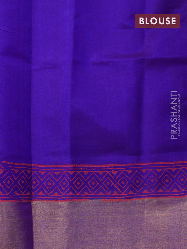Silk cotton block printed saree pink and blue with allover prints and zari woven border