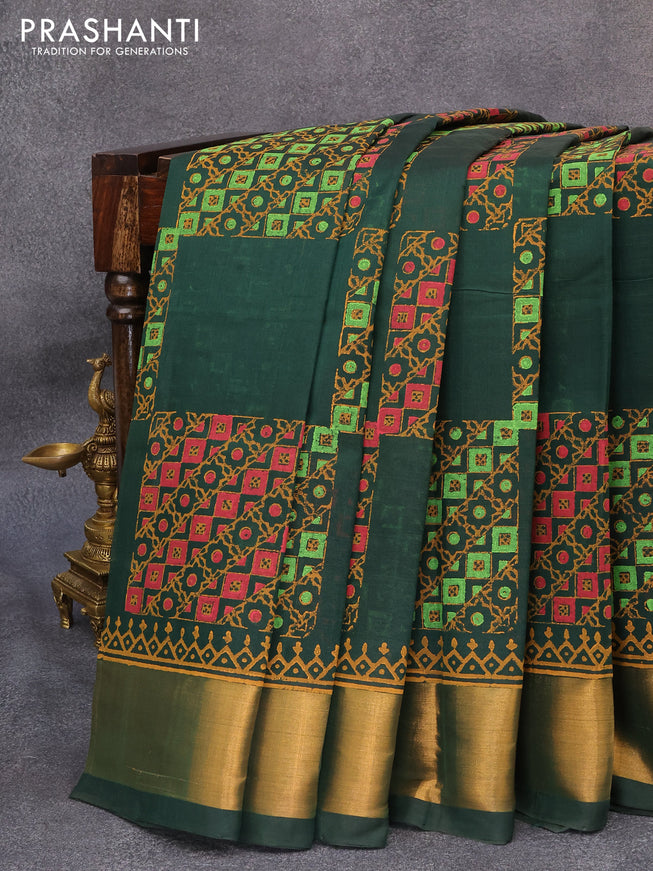 Silk cotton block printed saree bottle green with box type butta prints and zari woven border