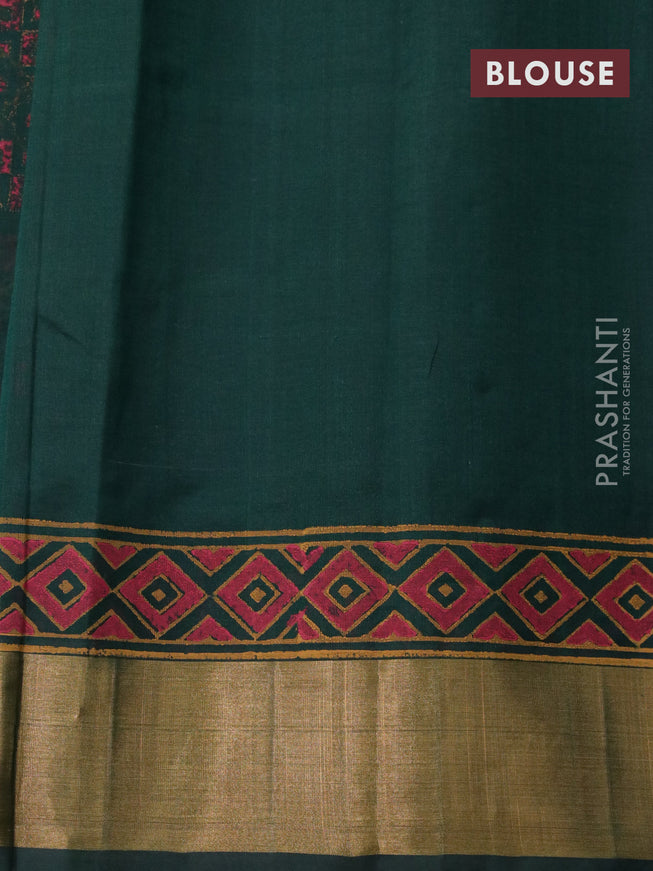 Silk cotton block printed saree bottle green with box type butta prints and zari woven border