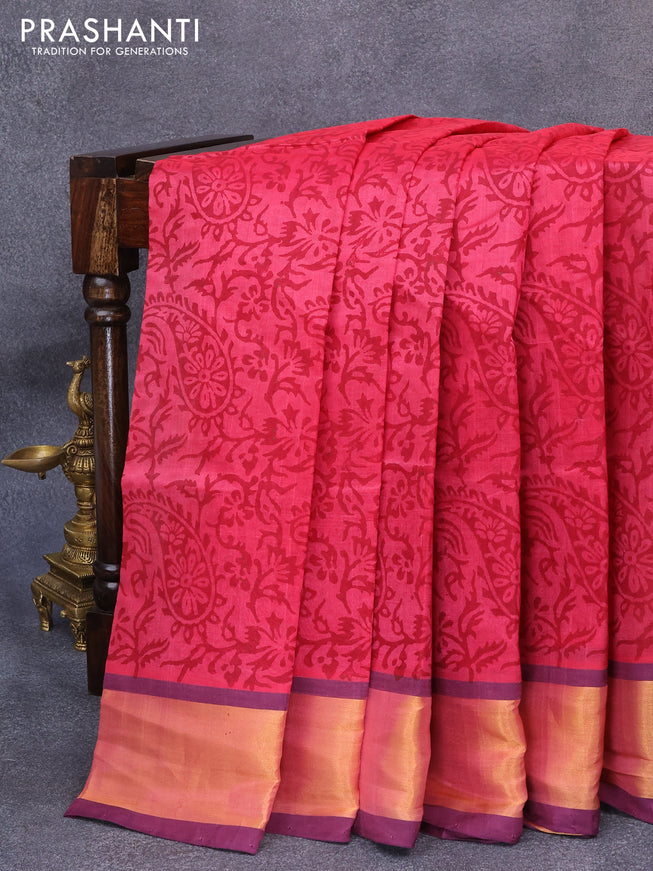 Silk cotton block printed saree pink shade and wine shade with allover prints and zari woven border