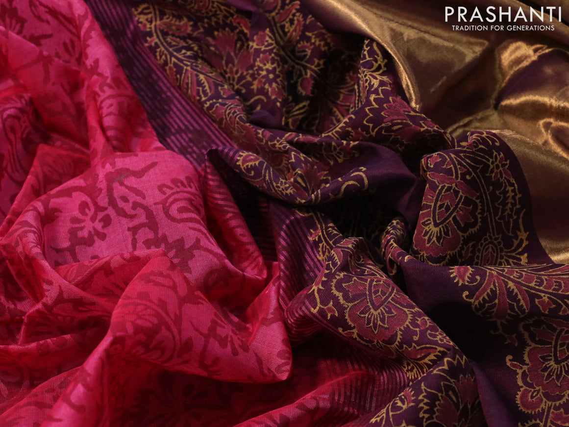 Silk cotton block printed saree pink shade and wine shade with allover prints and zari woven border