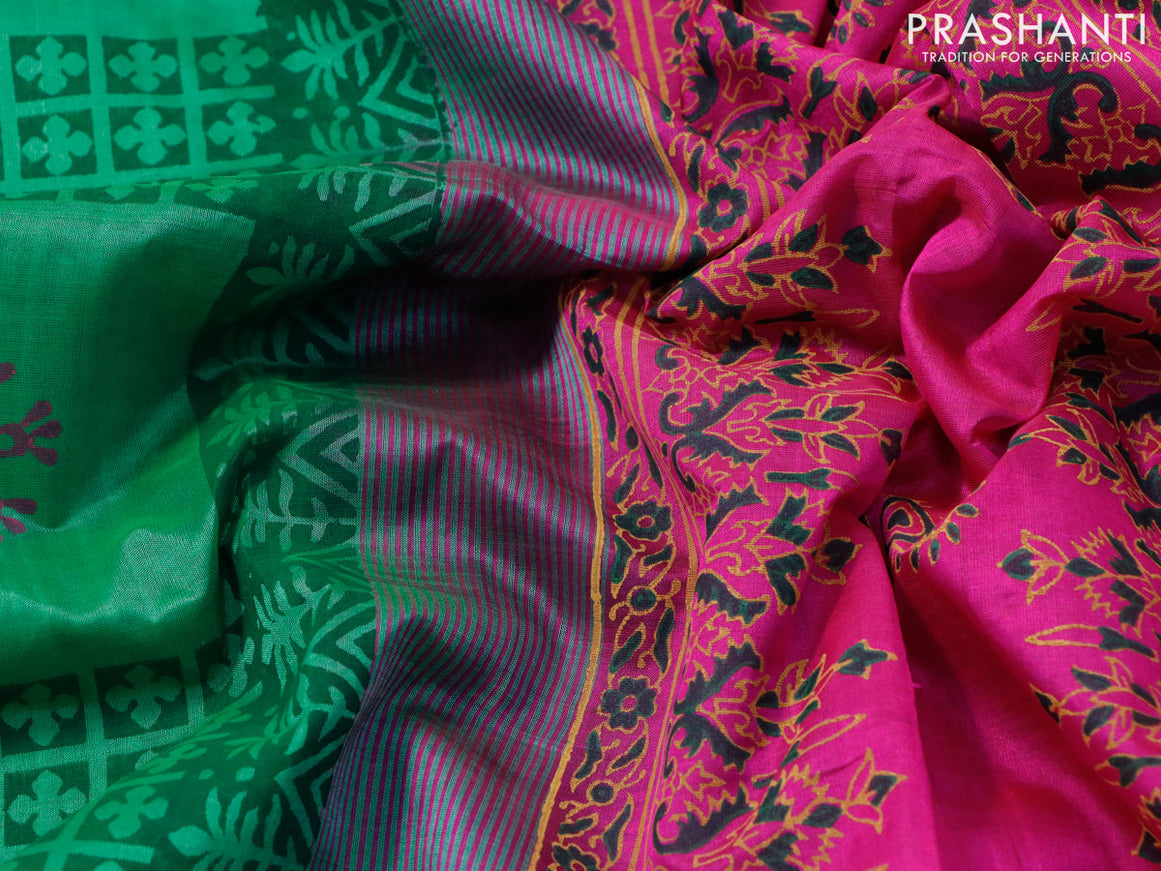 Silk cotton block printed saree teal green and pink with allover prints and zari woven border