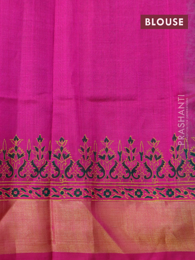 Silk cotton block printed saree teal green and pink with allover prints and zari woven border