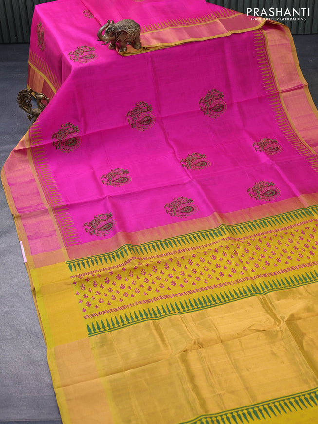Silk cotton block printed saree pink and mustard yellow with annam butta prints and zari woven border