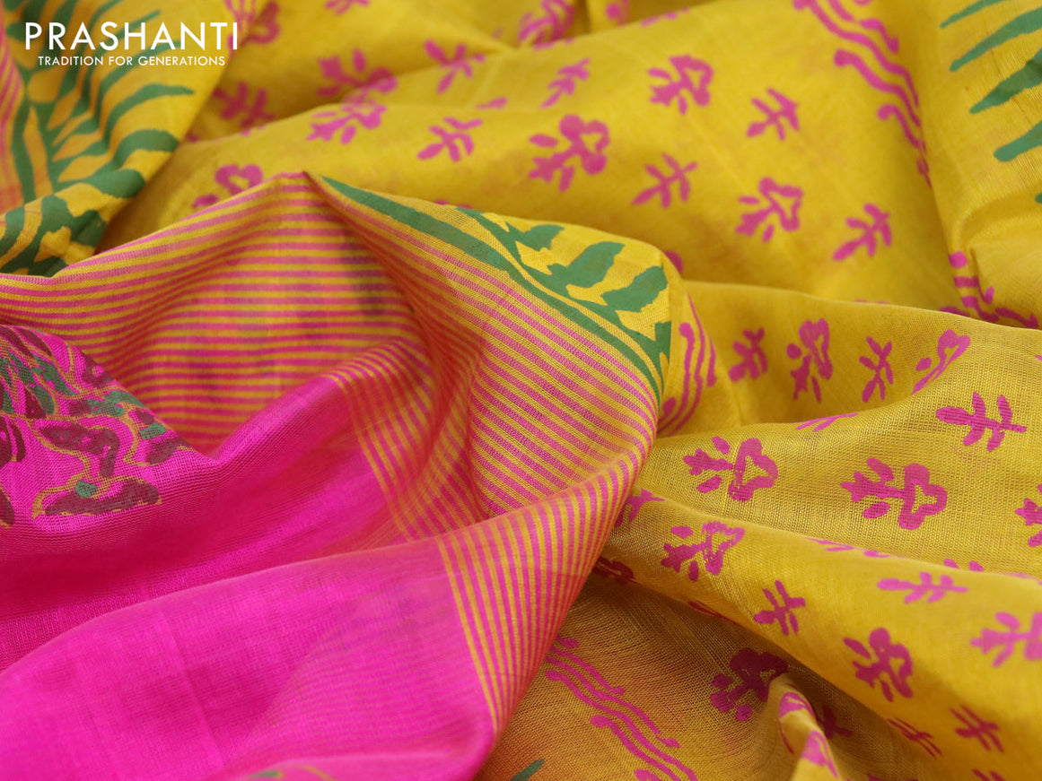Silk cotton block printed saree pink and mustard yellow with annam butta prints and zari woven border