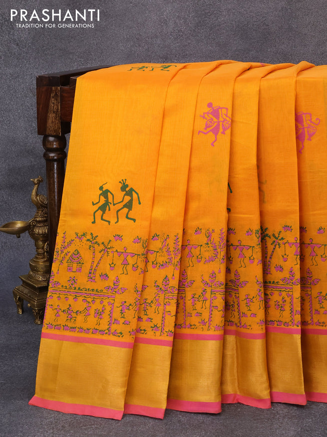 Silk cotton block printed saree mango yellow and pink with warli butta prints and zari woven border