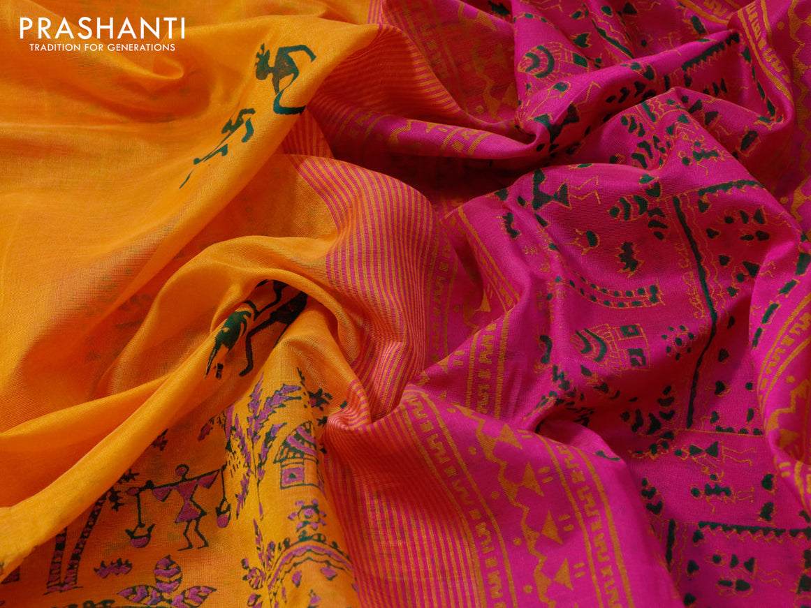 Silk cotton block printed saree mango yellow and pink with warli butta prints and zari woven border