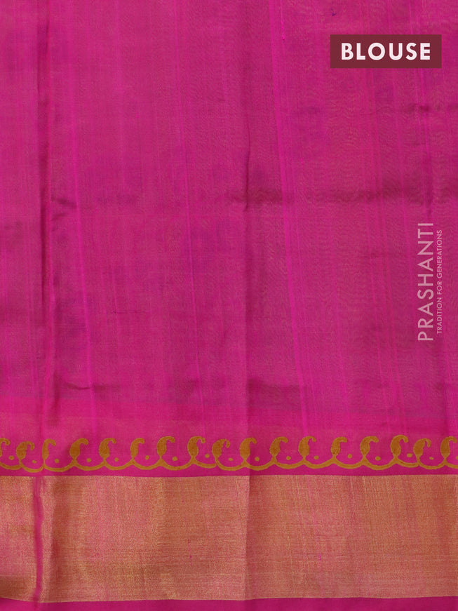 Silk cotton block printed saree light green and pink with allover prints and zari woven border
