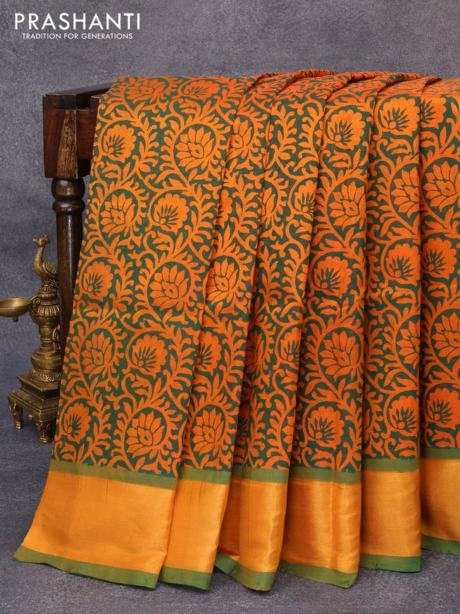 Silk cotton block printed saree orange and green with allover prints and zari woven border