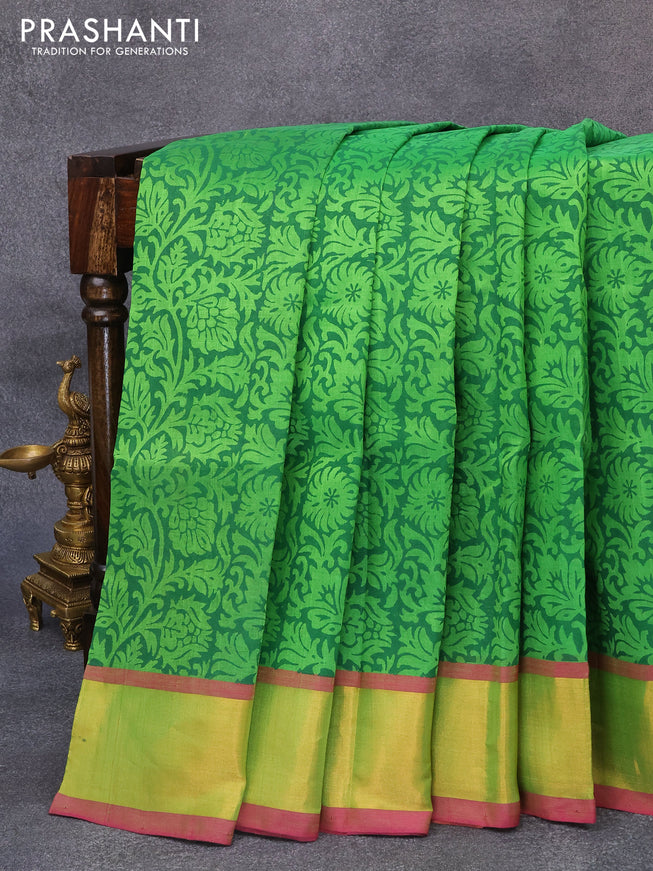 Silk cotton block printed saree green and pink with allover prints and zari woven border