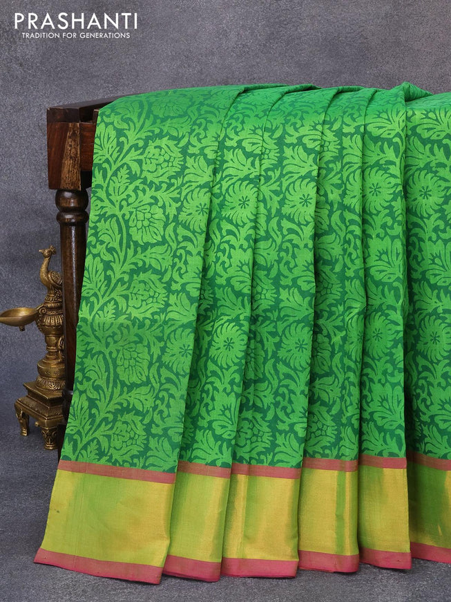 Silk cotton block printed saree green and pink with allover prints and zari woven border