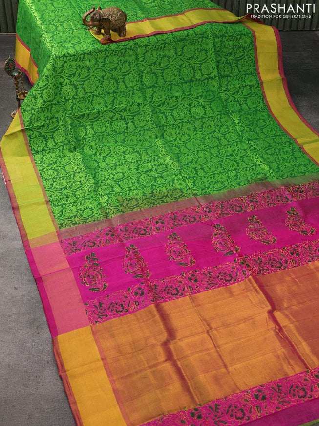 Silk cotton block printed saree green and pink with allover prints and zari woven border