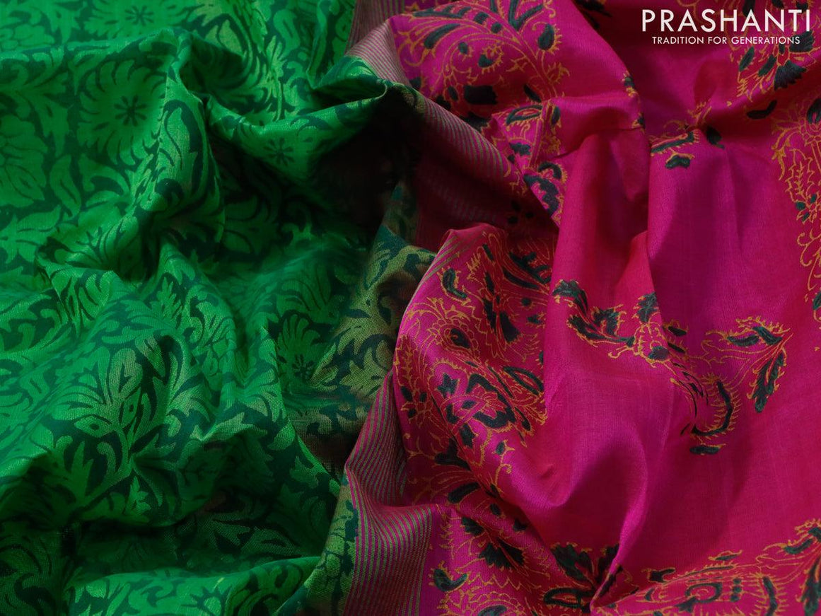 Silk cotton block printed saree green and pink with allover prints and zari woven border