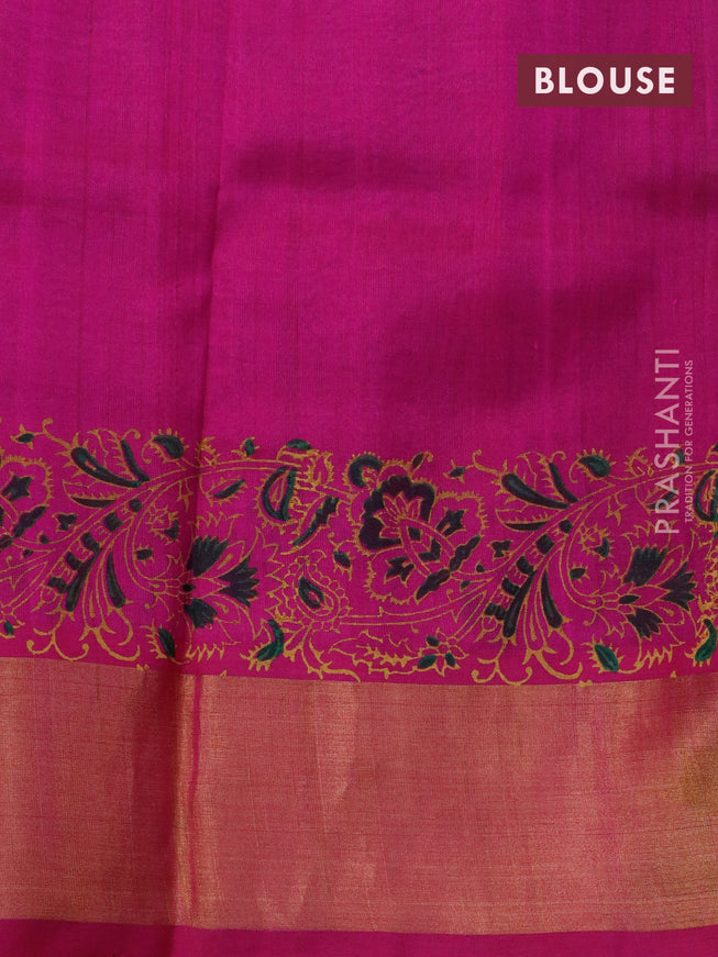 Silk cotton block printed saree green and pink with allover prints and zari woven border