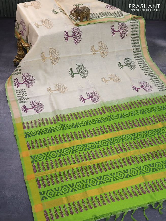 Silk cotton block printed saree cream and light green with butta prints and zari woven border