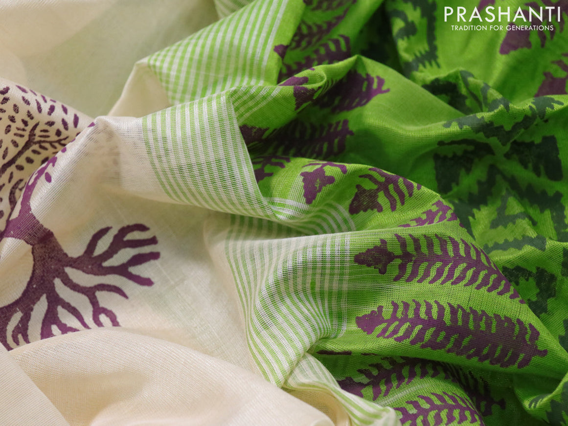 Silk cotton block printed saree cream and light green with butta prints and zari woven border