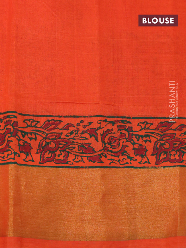 Silk cotton block printed saree orange with allover prints and zari woven border