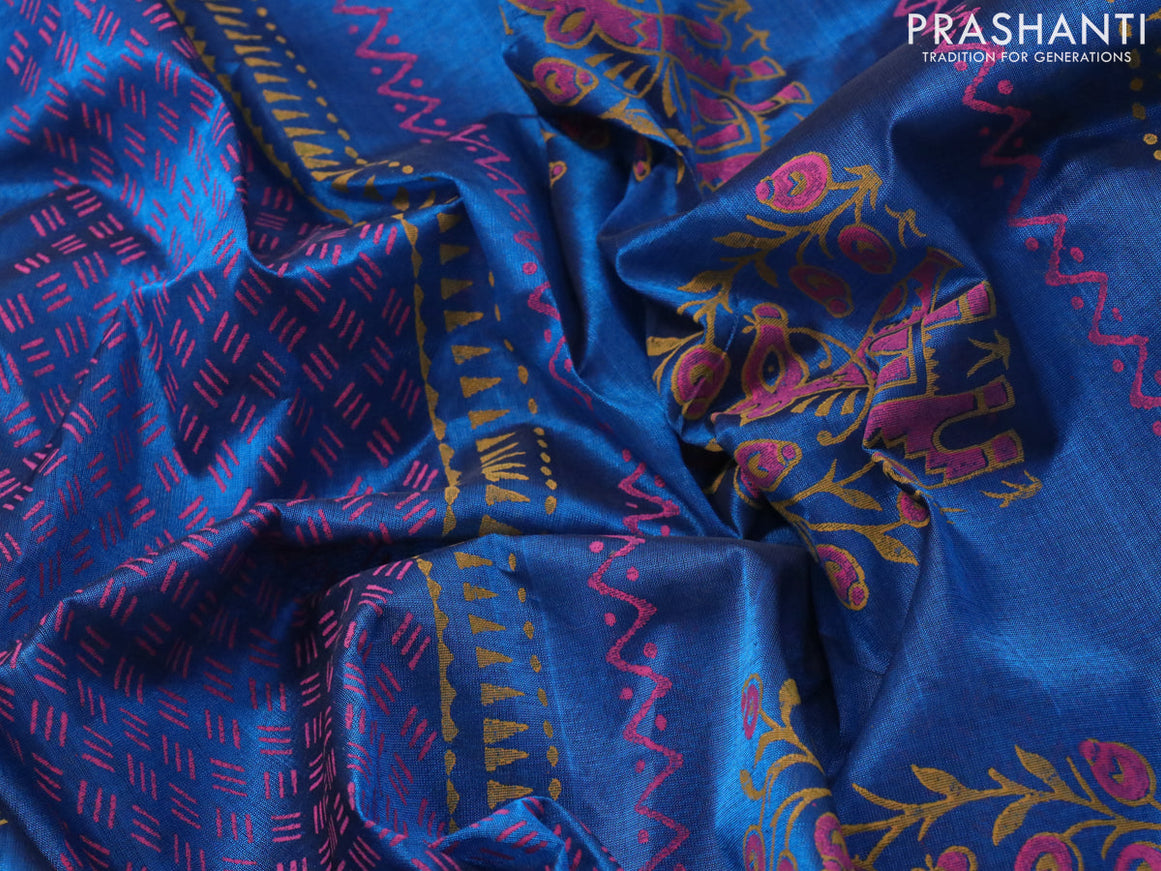 Silk cotton block printed saree peacock blue with allover prints and zari woven border