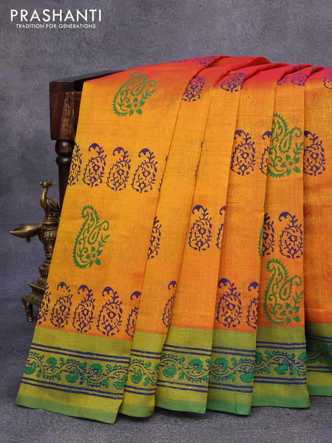 Silk cotton block printed saree dual shade of mustard yellow and dual shade of blue with allover butta prints and printed border